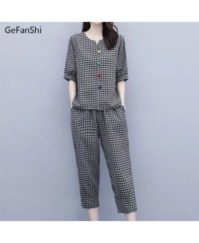 2023 Summer Women's 2Pcs Plaid V-neck Blouse+Pants Office Lady Two Pieces Set Casual Fashion Tops & Ankle-length Trousers Set...