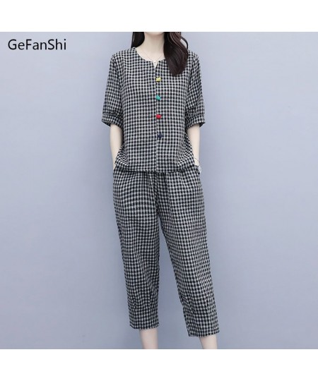 2023 Summer Women's 2Pcs Plaid V-neck Blouse+Pants Office Lady Two Pieces Set Casual Fashion Tops & Ankle-length Trousers Set...