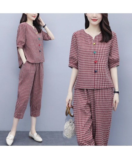 2023 Summer Women's 2Pcs Plaid V-neck Blouse+Pants Office Lady Two Pieces Set Casual Fashion Tops & Ankle-length Trousers Set...