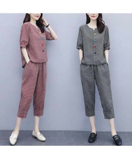 2023 Summer Women's 2Pcs Plaid V-neck Blouse+Pants Office Lady Two Pieces Set Casual Fashion Tops & Ankle-length Trousers Set...