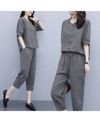 2023 Summer Women's 2Pcs Plaid V-neck Blouse+Pants Office Lady Two Pieces Set Casual Fashion Tops & Ankle-length Trousers Set...