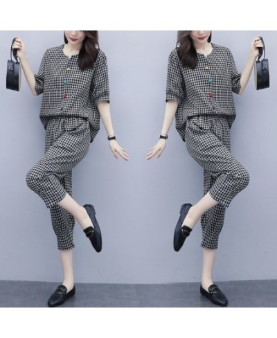 2023 Summer Women's 2Pcs Plaid V-neck Blouse+Pants Office Lady Two Pieces Set Casual Fashion Tops & Ankle-length Trousers Set...