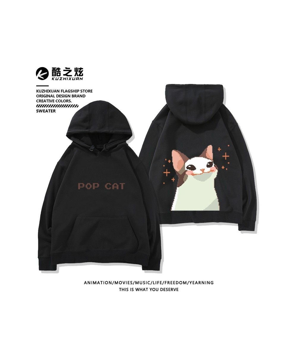 Pixel hoodie pop cat print hoodie plush casual loose fit hoodies korean goth sweatshirt streetwear women y2k oversized pullov...