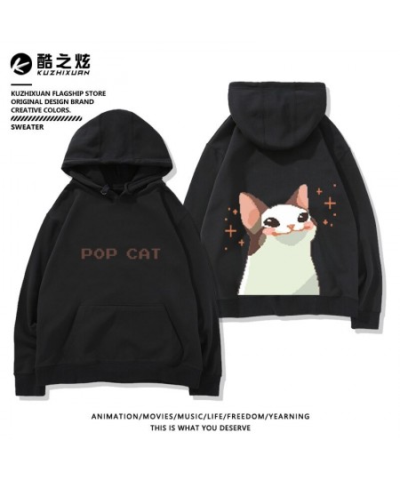 Pixel hoodie pop cat print hoodie plush casual loose fit hoodies korean goth sweatshirt streetwear women y2k oversized pullov...