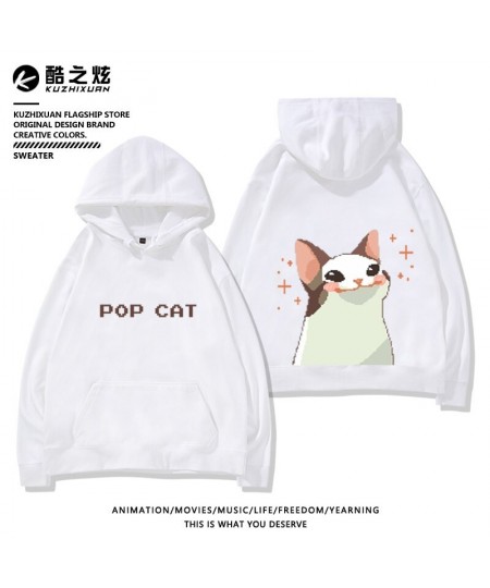 Pixel hoodie pop cat print hoodie plush casual loose fit hoodies korean goth sweatshirt streetwear women y2k oversized pullov...