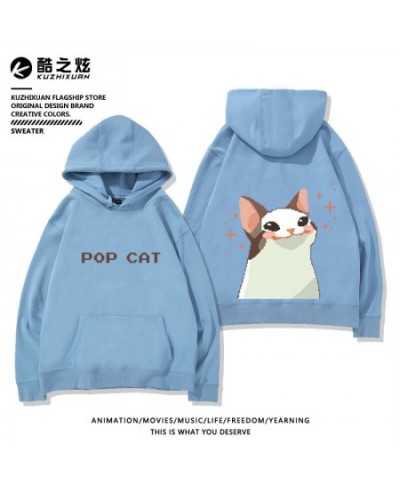 Pixel hoodie pop cat print hoodie plush casual loose fit hoodies korean goth sweatshirt streetwear women y2k oversized pullov...