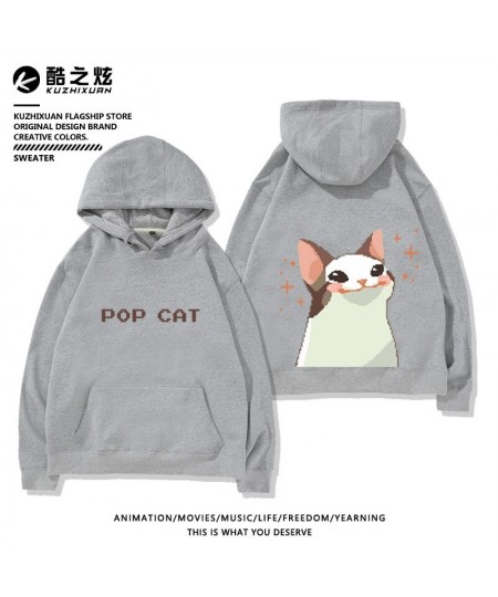 Pixel hoodie pop cat print hoodie plush casual loose fit hoodies korean goth sweatshirt streetwear women y2k oversized pullov...