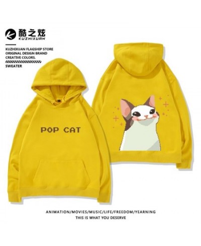 Pixel hoodie pop cat print hoodie plush casual loose fit hoodies korean goth sweatshirt streetwear women y2k oversized pullov...