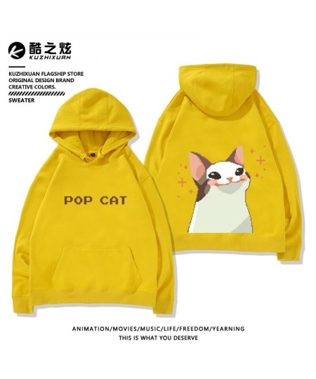 Pixel hoodie pop cat print hoodie plush casual loose fit hoodies korean goth sweatshirt streetwear women y2k oversized pullov...