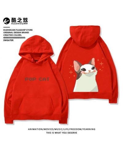 Pixel hoodie pop cat print hoodie plush casual loose fit hoodies korean goth sweatshirt streetwear women y2k oversized pullov...