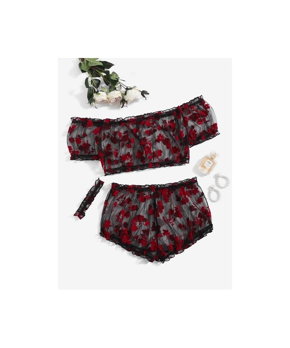 Plus Floral Pattern Sheer Mesh Lingerie Set & Choker $31.54 - Underwear