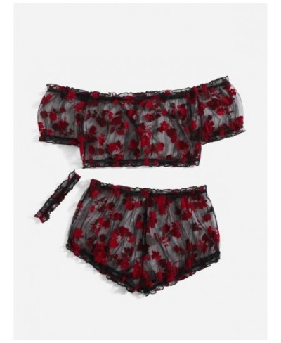 Plus Floral Pattern Sheer Mesh Lingerie Set & Choker $31.54 - Underwear