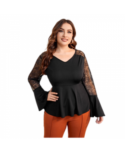 Plus Size Long Flare Sleeve Spring Elegant Blouse Women Loose Fit Lace Patchwork Ruffles T-shirt Female Big Size Clothing 5XL...