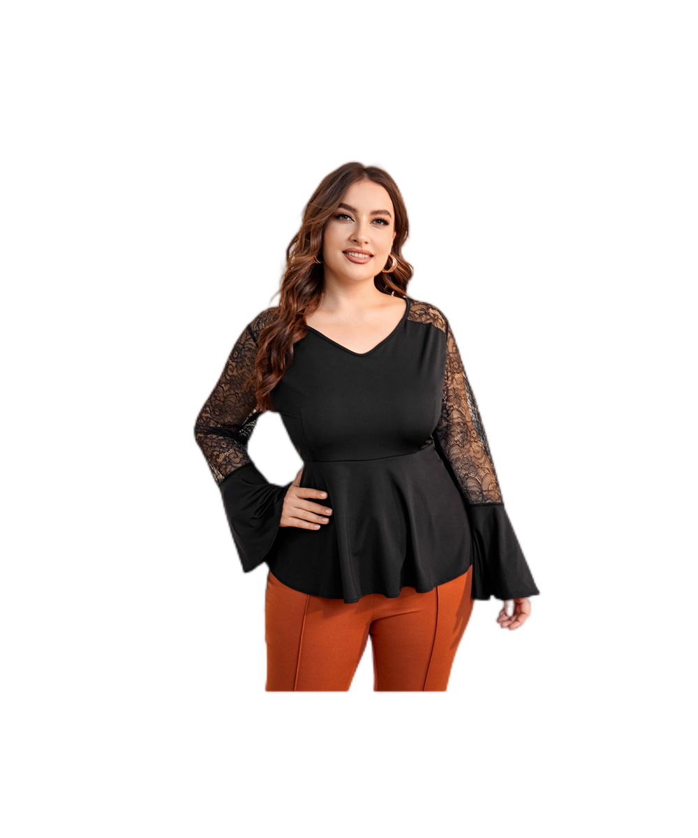 Plus Size Long Flare Sleeve Spring Elegant Blouse Women Loose Fit Lace Patchwork Ruffles T-shirt Female Big Size Clothing 5XL...