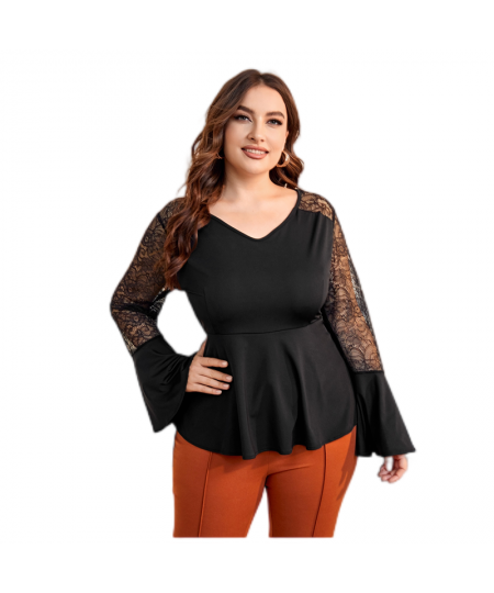 Plus Size Long Flare Sleeve Spring Elegant Blouse Women Loose Fit Lace Patchwork Ruffles T-shirt Female Big Size Clothing 5XL...