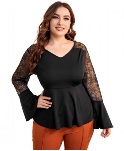 Plus Size Long Flare Sleeve Spring Elegant Blouse Women Loose Fit Lace Patchwork Ruffles T-shirt Female Big Size Clothing 5XL...