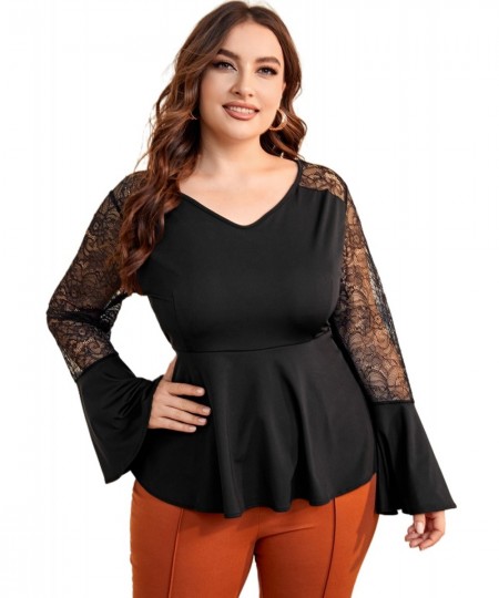 Plus Size Long Flare Sleeve Spring Elegant Blouse Women Loose Fit Lace Patchwork Ruffles T-shirt Female Big Size Clothing 5XL...