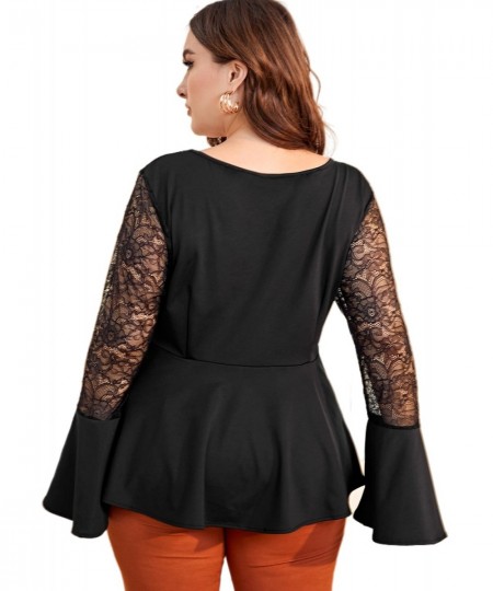 Plus Size Long Flare Sleeve Spring Elegant Blouse Women Loose Fit Lace Patchwork Ruffles T-shirt Female Big Size Clothing 5XL...