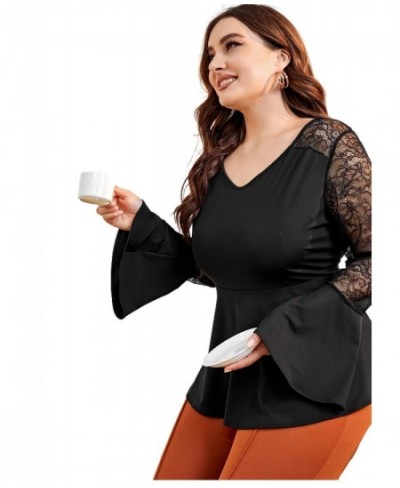 Plus Size Long Flare Sleeve Spring Elegant Blouse Women Loose Fit Lace Patchwork Ruffles T-shirt Female Big Size Clothing 5XL...