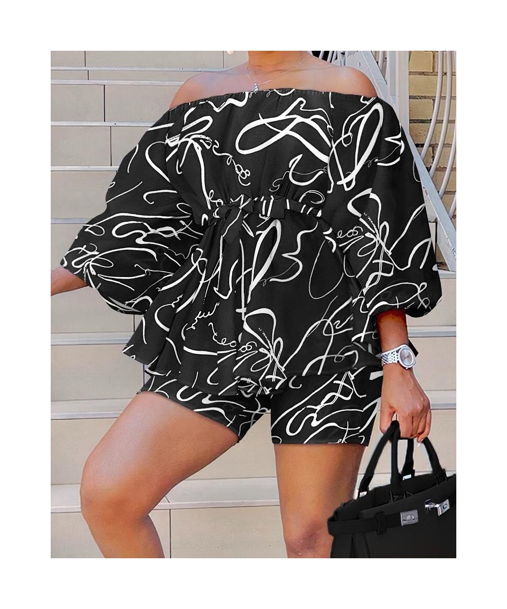 2023 Summer New Women's Suit Fashion Print Sexy One-line Collar Top Shorts Casual Temperament Elegant Women's Suit 2-piece Se...