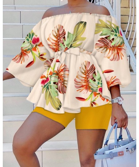 2023 Summer New Women's Suit Fashion Print Sexy One-line Collar Top Shorts Casual Temperament Elegant Women's Suit 2-piece Se...