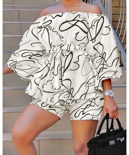 2023 Summer New Women's Suit Fashion Print Sexy One-line Collar Top Shorts Casual Temperament Elegant Women's Suit 2-piece Se...