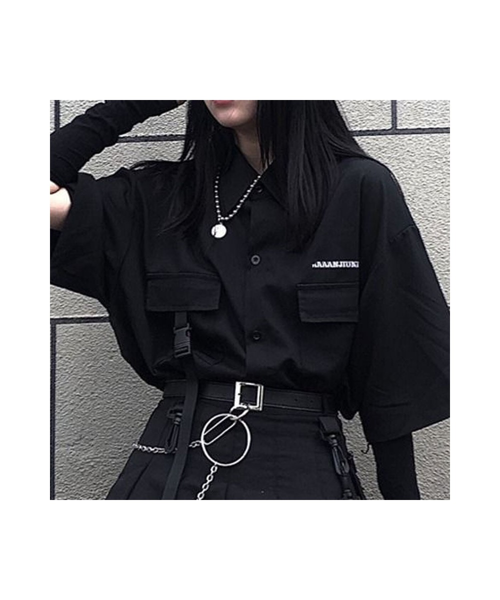 Women's Blouses Gothic Streetwear Harajuku Oversized Shirts BFstyle Black Teachwear Short Sleeve Button Up Tops Dark Cool $29...