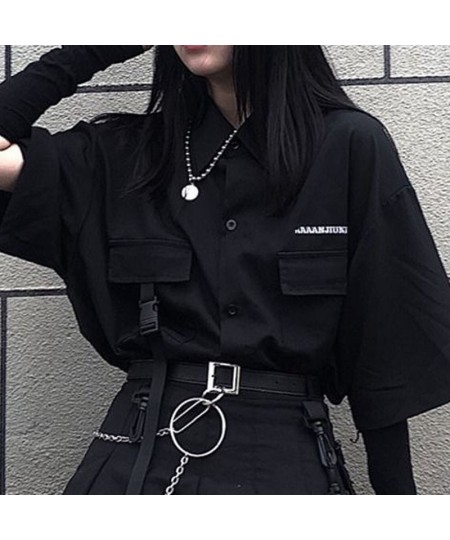 Women's Blouses Gothic Streetwear Harajuku Oversized Shirts BFstyle Black Teachwear Short Sleeve Button Up Tops Dark Cool $29...