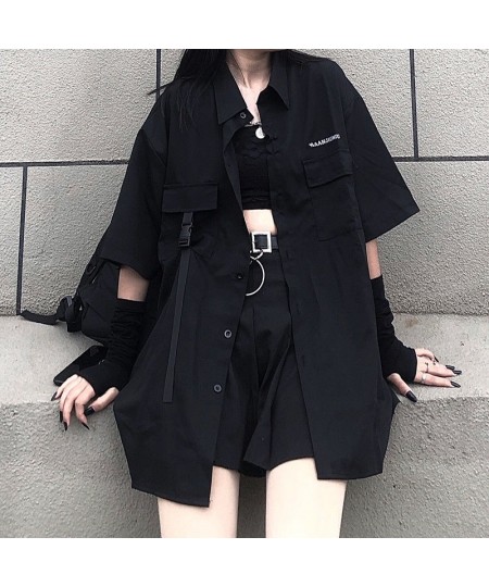 Women's Blouses Gothic Streetwear Harajuku Oversized Shirts BFstyle Black Teachwear Short Sleeve Button Up Tops Dark Cool $29...