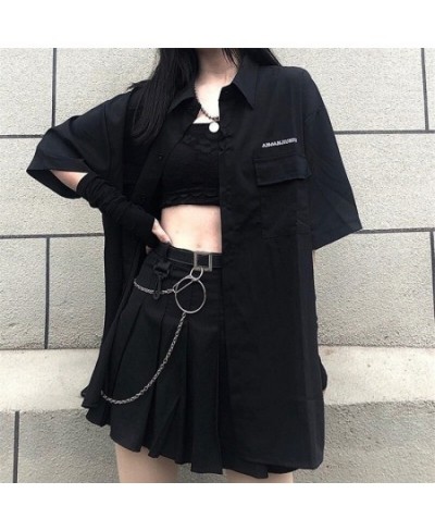 Women's Blouses Gothic Streetwear Harajuku Oversized Shirts BFstyle Black Teachwear Short Sleeve Button Up Tops Dark Cool $29...