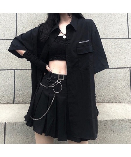 Women's Blouses Gothic Streetwear Harajuku Oversized Shirts BFstyle Black Teachwear Short Sleeve Button Up Tops Dark Cool $29...