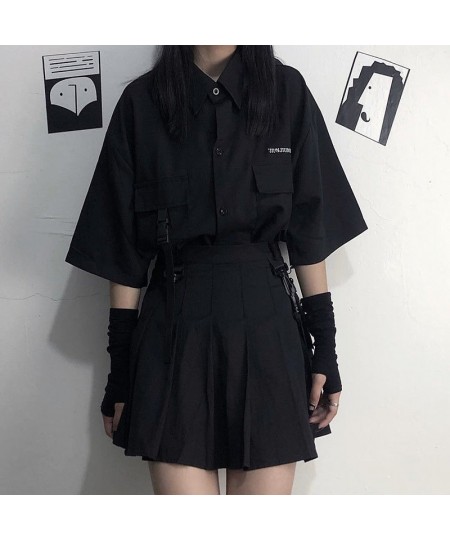 Women's Blouses Gothic Streetwear Harajuku Oversized Shirts BFstyle Black Teachwear Short Sleeve Button Up Tops Dark Cool $29...