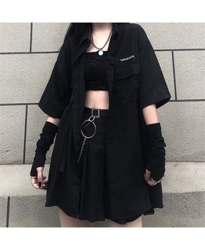 Women's Blouses Gothic Streetwear Harajuku Oversized Shirts BFstyle Black Teachwear Short Sleeve Button Up Tops Dark Cool $29...