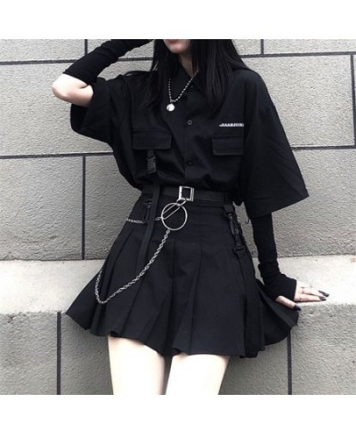 Women's Blouses Gothic Streetwear Harajuku Oversized Shirts BFstyle Black Teachwear Short Sleeve Button Up Tops Dark Cool $29...