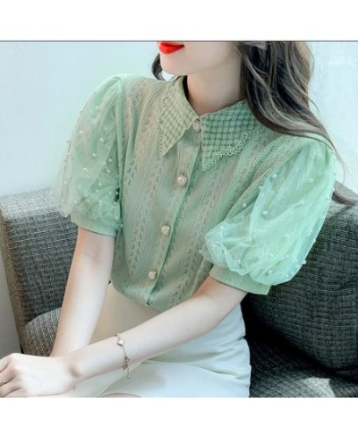 Fashion Lapel Beading Puff Sleeve Lace Oversized Shirt 2022 Summer New New Sweet Tops Loose Chic Female Clothing Commute Blou...