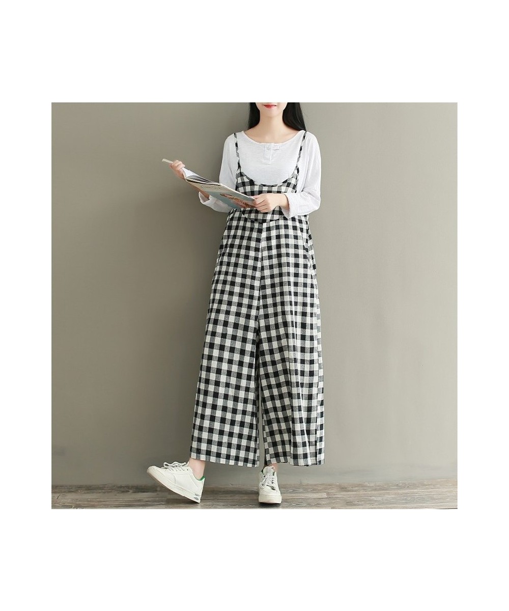 2023 Camis Plaid Rompers Overalls Women Loose Cotton Linen Jumpsuits Female Casual Long Trousers Wide Leg Pants Plus Size AB8...