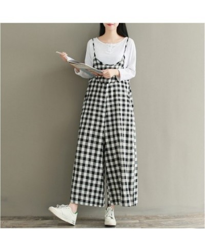 2023 Camis Plaid Rompers Overalls Women Loose Cotton Linen Jumpsuits Female Casual Long Trousers Wide Leg Pants Plus Size AB8...