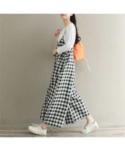 2023 Camis Plaid Rompers Overalls Women Loose Cotton Linen Jumpsuits Female Casual Long Trousers Wide Leg Pants Plus Size AB8...