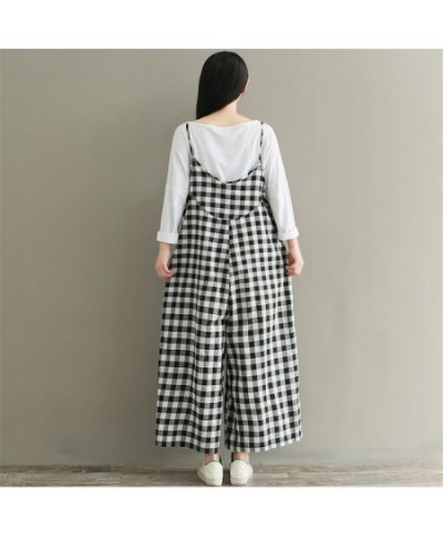 2023 Camis Plaid Rompers Overalls Women Loose Cotton Linen Jumpsuits Female Casual Long Trousers Wide Leg Pants Plus Size AB8...