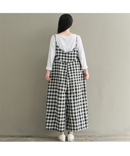 2023 Camis Plaid Rompers Overalls Women Loose Cotton Linen Jumpsuits Female Casual Long Trousers Wide Leg Pants Plus Size AB8...