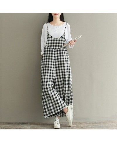 2023 Camis Plaid Rompers Overalls Women Loose Cotton Linen Jumpsuits Female Casual Long Trousers Wide Leg Pants Plus Size AB8...