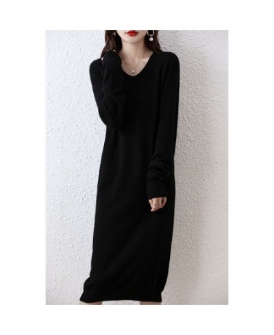 100% Pure Wool Knitted Sweater Women Dress Winter/ Autumn V-Neck Female Dresses Long Style S-XXL Pullovers Girl Clothes $79.2...