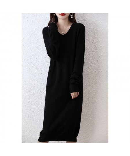 100% Pure Wool Knitted Sweater Women Dress Winter/ Autumn V-Neck Female Dresses Long Style S-XXL Pullovers Girl Clothes $79.2...