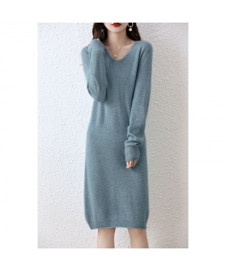 100% Pure Wool Knitted Sweater Women Dress Winter/ Autumn V-Neck Female Dresses Long Style S-XXL Pullovers Girl Clothes $79.2...