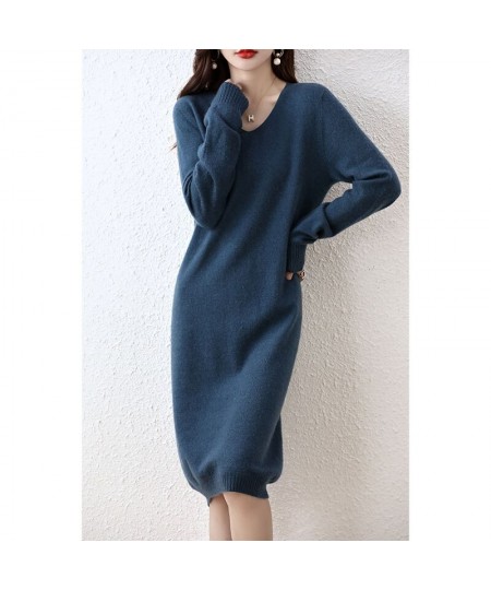 100% Pure Wool Knitted Sweater Women Dress Winter/ Autumn V-Neck Female Dresses Long Style S-XXL Pullovers Girl Clothes $79.2...