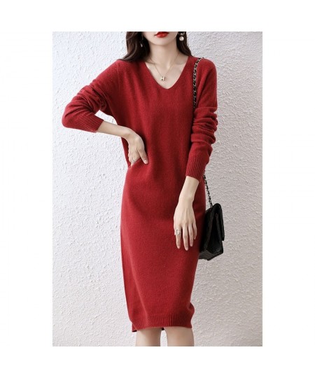 100% Pure Wool Knitted Sweater Women Dress Winter/ Autumn V-Neck Female Dresses Long Style S-XXL Pullovers Girl Clothes $79.2...