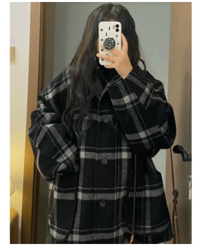 Black White Woolen Coat Autumn Winter Korean Loose Slim Hong Kong Style Retro Tweed Jacket Female Long Plaid Tweed Coat $67.5...