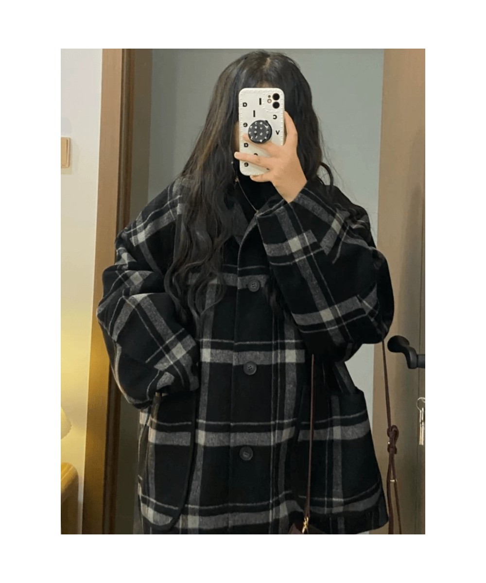 Black White Woolen Coat Autumn Winter Korean Loose Slim Hong Kong Style Retro Tweed Jacket Female Long Plaid Tweed Coat $67.5...