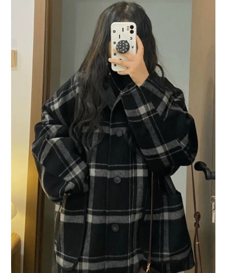 Black White Woolen Coat Autumn Winter Korean Loose Slim Hong Kong Style Retro Tweed Jacket Female Long Plaid Tweed Coat $67.5...