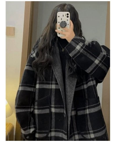 Black White Woolen Coat Autumn Winter Korean Loose Slim Hong Kong Style Retro Tweed Jacket Female Long Plaid Tweed Coat $67.5...